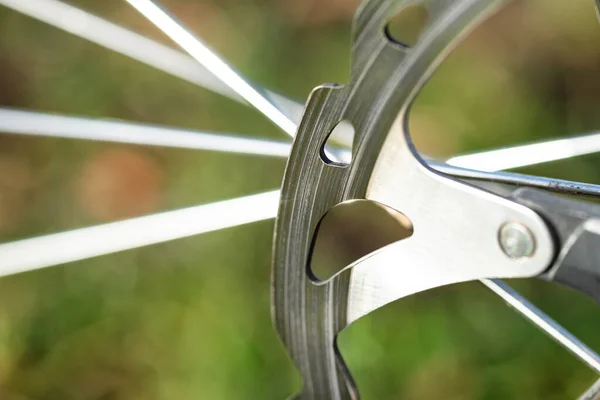 A macro shot of the front bicycle brake disc, visible spokes and a green background.