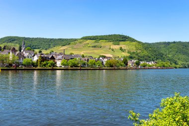 Cochem, Almanya, 13 Haziran 2021. Nehir kıyısındaki evler, Almanya 'nın Rhineland-Palatinate eyaletinde yer alan Moselle Nehri üzerinde yer alan Cochem kasabasına bağlı. Arka planda, tepedeki üzüm bağları..