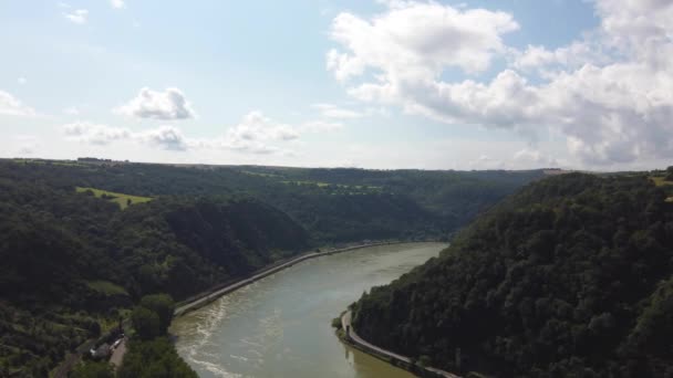 Video Drone Flying Rhine River Germany Visible Road Both Sides — Stockvideo