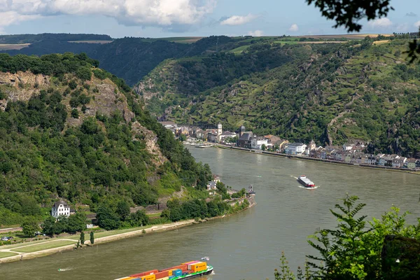 Loreley Germany July 2021 Large Barge Carrying Lot Containers Rhine — Stock Photo, Image