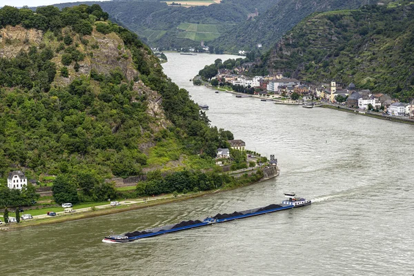 Barge Coal Sailing River Rhine Western Germany Visible Buildings River — Stock Photo, Image