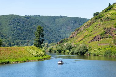 Tepeler arasında ormanla kaplı sakin bir nehirde iki adam bir motorlu tekne kullanıyor..
