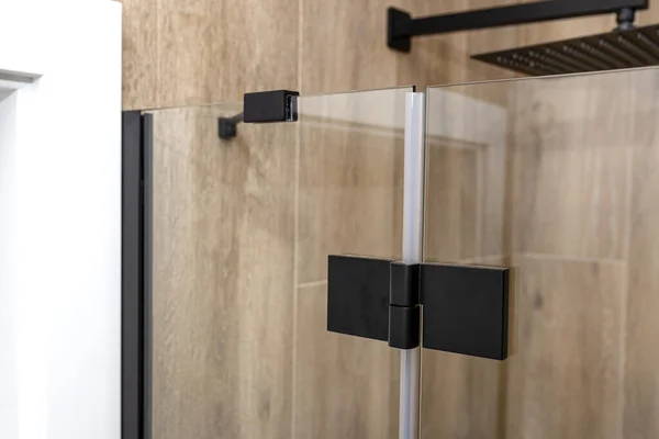 Black Matt Hinge Connecting Wings Shower Enclosure Flush Glass View — Stock Photo, Image