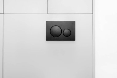 Tuvaletin duvarına ahşap panelle kaplanmış iki yuvarlak düğmeli sifonu çek..