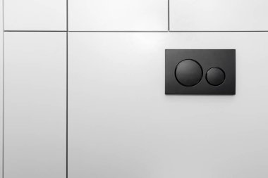 Tuvaletin duvarına ahşap panelle kaplanmış iki yuvarlak düğmeli sifonu çek..