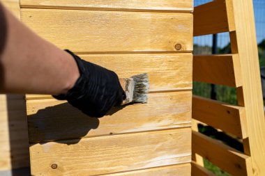 Ham ahşap bir kulübeyi koruyucu, şeffaf bir cila ile boyamak..