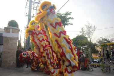 Nha Trang, Vietnam - 15 Şubat 2016: Şirket bölgede 10 Şubat 2016 yılında Nha Trang'Vietnam yeni yıl kutlamaları sırasında Çin aslanı kimliği belirsiz kişi dansla