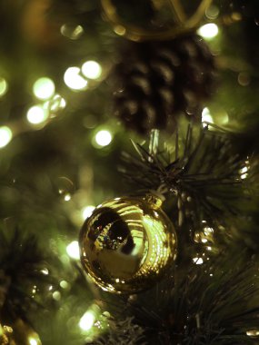 Bulanık, ışıl ışıl ve peri arkaplanda süslenmiş Noel ağacı