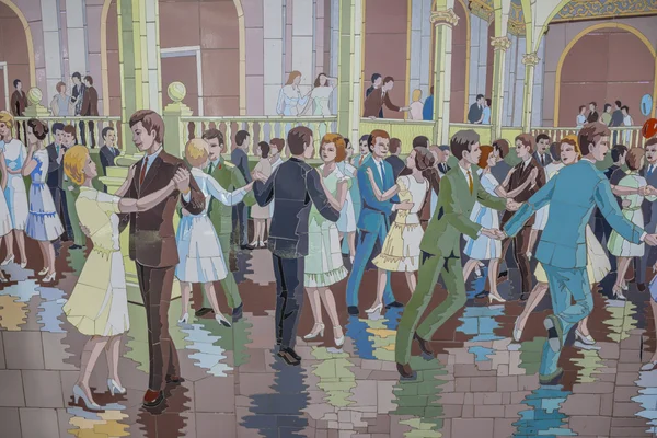 Young people at the dance - panel from the ceramic tiles in the — Stock Photo, Image