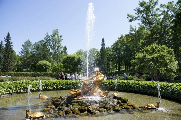 Tourists admire Greenhouse fountain with a sculpture of Triton, — Stock Photo, Image