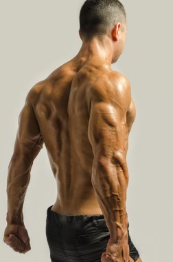 vücut geliştirmeci gösterilen onun sırt, omuz, triceps ve pazı kas, kişisel fitness eğitmeni