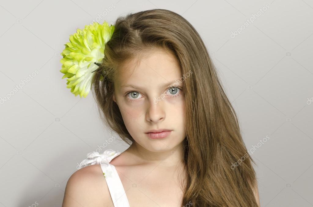 Beautiful Young Blonde Girl In White Dress Smiling Portrait Of An