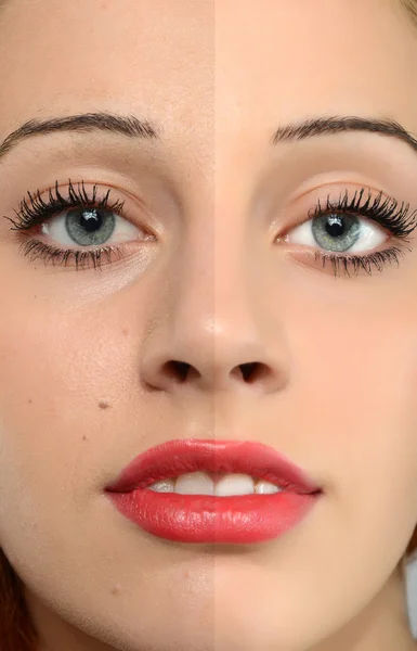 Vergelijking van een mooie vrouw vóór en na retoucheren met photoshop, veroudering versus jonge, schoonheidsbehandeling — Stockfoto