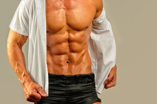 Close up on perfect abs. Topless strong bodybuilder with six pac — Stock Photo, Image