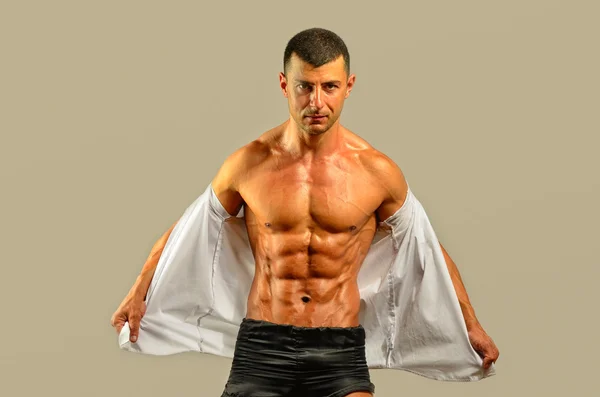 Close up on perfect abs. Topless strong bodybuilder with six pac — Stock Photo, Image