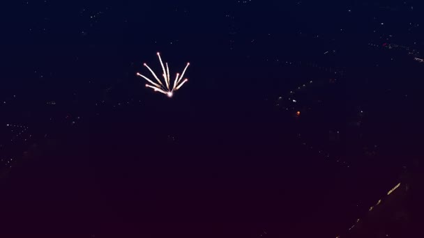 Vista superior de flores brillantes Fuegos artificiales festivos en el cielo nocturno contra el telón de fondo de la ciudad nocturna — Vídeos de Stock