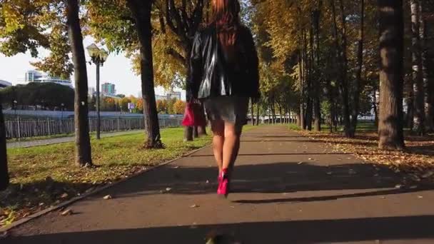 Vista trasera Una mujer pelirroja con botas rojas y una bolsa roja camina por el callejón en otoño en un día soleado. — Vídeos de Stock