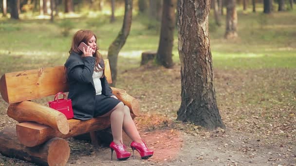 Una mujer con el pelo castaño en botas rojas y una bolsa roja en un banco del parque en otoño habla por teléfono. — Vídeo de stock