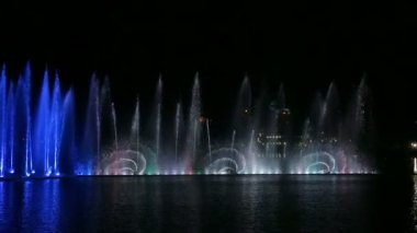 Gece gökyüzünün arka planına karşı çok renkli su fıskiyelerinin ışıltılı fıskiyeleri suya yansıyor. Genel plan