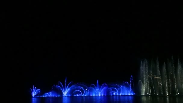 Un spectacle coloré de fontaines sur un fond de ciel nocturne reflété dans l'eau — Video