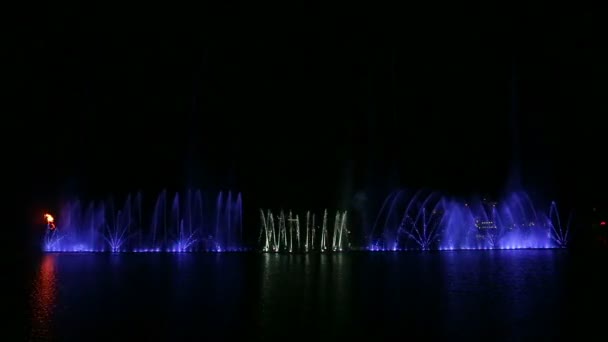 Multi-colored fountains on the water against the background of the night sky with different combinations of fire show elements — Stock Video