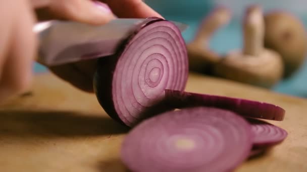 A female hand on a wooden board cuts a red onion into rings — Stock Video