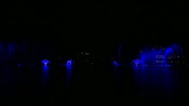 Çeşmeler gece gökyüzünün arka planında çok renkli jetler ve kombinasyonlar gösteriyor.