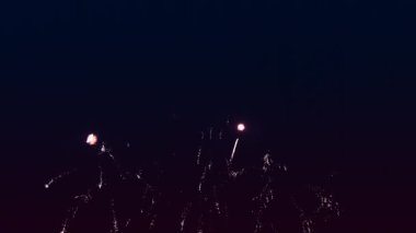 Siyah gece gökyüzüne karşı renkli parlak havai fişekler.