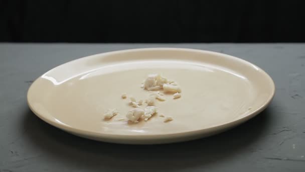 Finely Chopped Chicken Fillet Poured Beige Plate Medium Plan — Stock Video