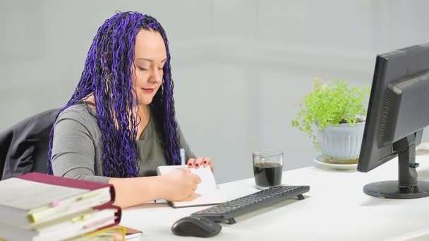 Woman Office Blue Afro Hairstyle Works Computer Drinks Coffee Overall — Stock Video