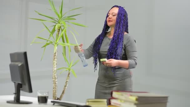 Uma Mulher Judia Escritório Com Penteado Afro Azul Cuida Flores — Vídeo de Stock