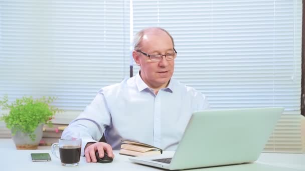 Líder masculino com óculos no escritório nas obras de computador e com projetos — Vídeo de Stock