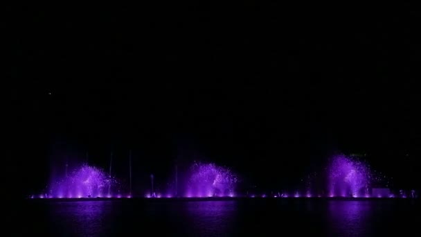 A show of fountains against the background of the night sky from the water multi-colored jets and combinations — Stock Video
