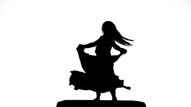 Silhouette einer tanzenden Frau in einem flauschigen Rock mit langen Haaren auf weißem Hintergrund — Stockvideo