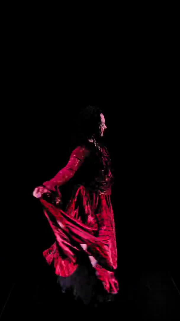 Beautiful Barefoot Gypsy Woman Curly Black Hair Red Dress Dancing — Stock Video