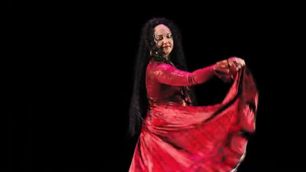 Barefoot Gypsy Woman Face Long Black Hair Red Suit Dancing — Stock Video