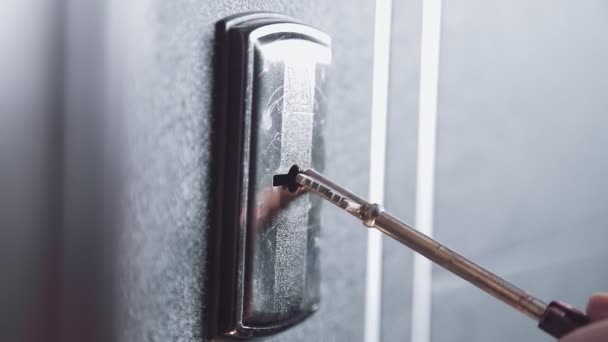 Female Hand Holds Key Unlocks Entrance Door Inserting Hole Close — Stock Video