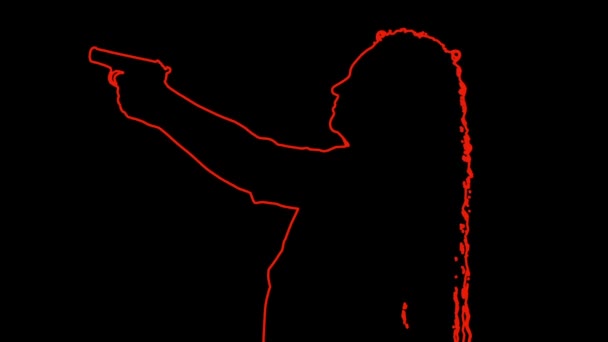 Красный Контур Женщины Профиль Черном Фоне Стреляющей Пистолета Средний План — стоковое видео