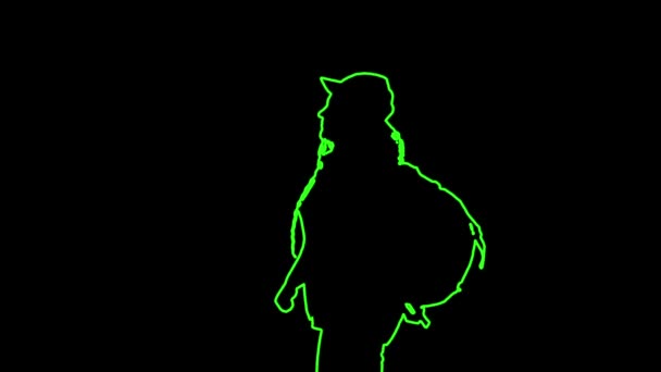 Πράσινο Περίγραμμα Μιας Τουρίστριας Σακίδιο Που Περπατάει Μαύρο Φόντο Μέσο — Αρχείο Βίντεο