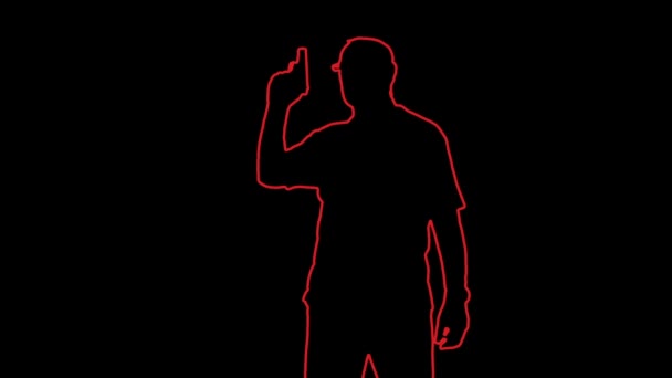 Farbige Umrisse eines Mannes, der eine Pistole auf schwarzem Hintergrund abfeuert — Stockvideo