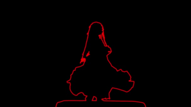Rote Umrisse einer Frau, die in einem flauschigen Rock auf schwarzem Hintergrund tanzt — Stockvideo