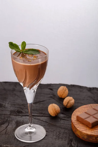 Chocolate Cocktail Nuts Mint Glass Chocolate Nuts Black Background Vertical — Stock Photo, Image