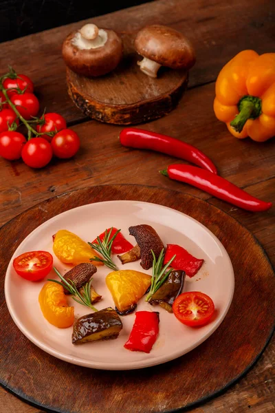 Antipasta Plate Stand Wooden Table Next Vegetables Vertical Photo — Stock Photo, Image