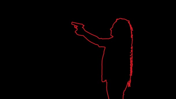 Piros vázlat egy fekete hátterű nőről, aki pisztolyt lő egy célpontra. — Stock videók