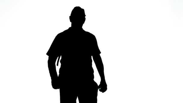 Silhouette of a male athlete with a bottle walking on a white background — Stock Video