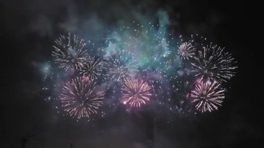 Çok renkli farklı havai fişekler karanlık gece gökyüzünde kıvılcımlar saçar.