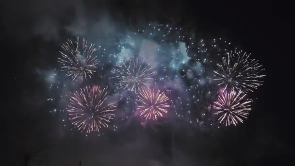 Bright multicolored fireworks sparks mix against the dark night sky — Stock Video