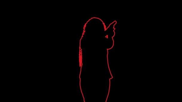 Röd kontur av en kvinna i profil på en svart bakgrund skytte från en pistol mot ett mål — Stockvideo