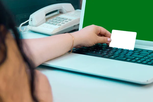 Female Hand Holds Bank Card Paying Purchases Online Green Screen — Stock Photo, Image