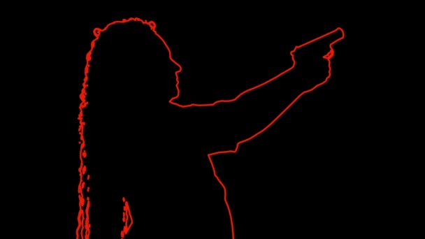 Esboço vermelho de uma mulher no perfil em um fundo preto disparando uma pistola. — Vídeo de Stock